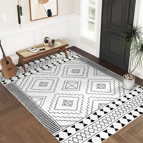HomeRoots 5' Black and White Moroccan Washable Area Rug - Stylish, Durable, and Easy-Care for Modern Homes 8' X 10' 711959