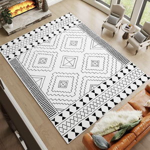HomeRoots 8' X 10' Black and White Moroccan Area Rug - Stylish, Washable, Stain-Resistant for High-Traffic Spaces Geometric Diamonds Retangle 8' x 10' 711960