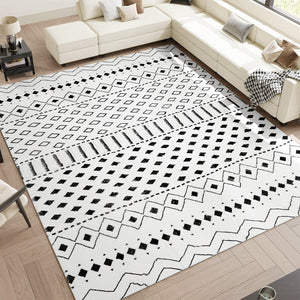 HomeRoots 8' X 10' Black and White Moroccan Area Rug - Stylish, Washable, Stain-Resistant for High-Traffic Spaces Modern Stripes Retangle 8' x 10' 711961