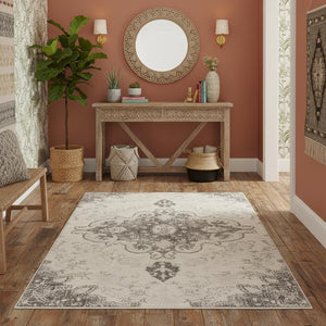 HomeRoots 6' Ivory and Gray Medallion Distressed Area Rug - Timeless Charm, Stain-Resistant, Machine Washable 6' X 9' 711965
