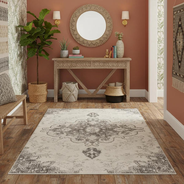 HomeRoots 6' Ivory and Gray Medallion Distressed Area Rug - Timeless Charm, Stain-Resistant, Machine Washable 6' X 9' 711965