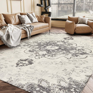 HomeRoots 6' Ivory and Gray Medallion Distressed Area Rug - Timeless Charm, Stain-Resistant, Machine Washable 6' X 9' 711965