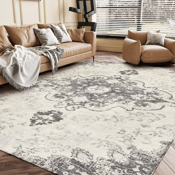 HomeRoots 6' Ivory and Gray Medallion Distressed Area Rug - Timeless Charm, Stain-Resistant, Machine Washable 6' X 9' 711965