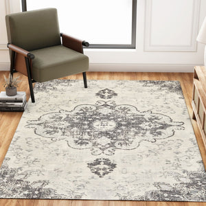 HomeRoots 6' Ivory and Gray Medallion Distressed Area Rug - Timeless Charm, Stain-Resistant, Machine Washable 6' X 9' 711965