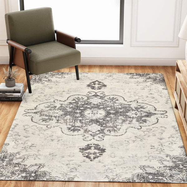 HomeRoots 6' Ivory and Gray Medallion Distressed Area Rug - Timeless Charm, Stain-Resistant, Machine Washable 6' X 9' 711965