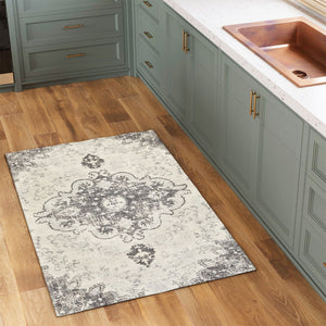 HomeRoots 6' Ivory and Gray Medallion Distressed Area Rug - Timeless Charm, Stain-Resistant, Machine Washable 6' X 9' 711965