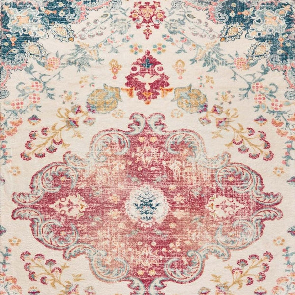 HomeRoots 6' Distressed Ivory Pink and Blue Medallion Area Rug - Washable, Stylish, and Ideal for High-Traffic Spaces 6' X 9' 711970