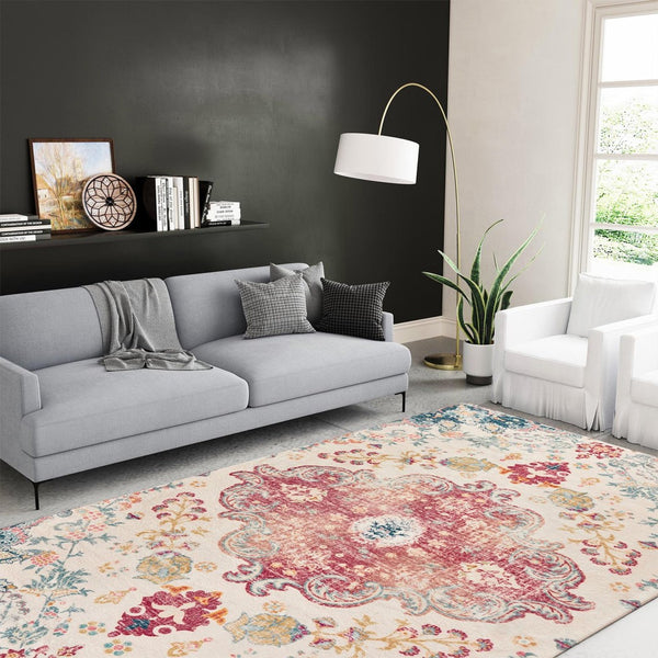 HomeRoots 6' Distressed Ivory Pink and Blue Medallion Area Rug - Washable, Stylish, and Ideal for High-Traffic Spaces 6' X 9' 711970