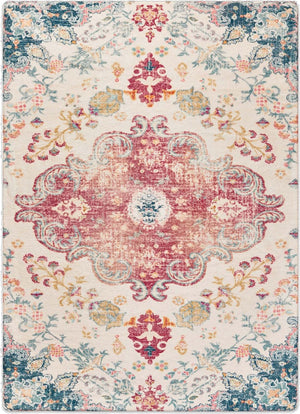 HomeRoots 6' Distressed Ivory Pink and Blue Medallion Area Rug - Washable, Stylish, and Ideal for High-Traffic Spaces 6' X 9' 711970