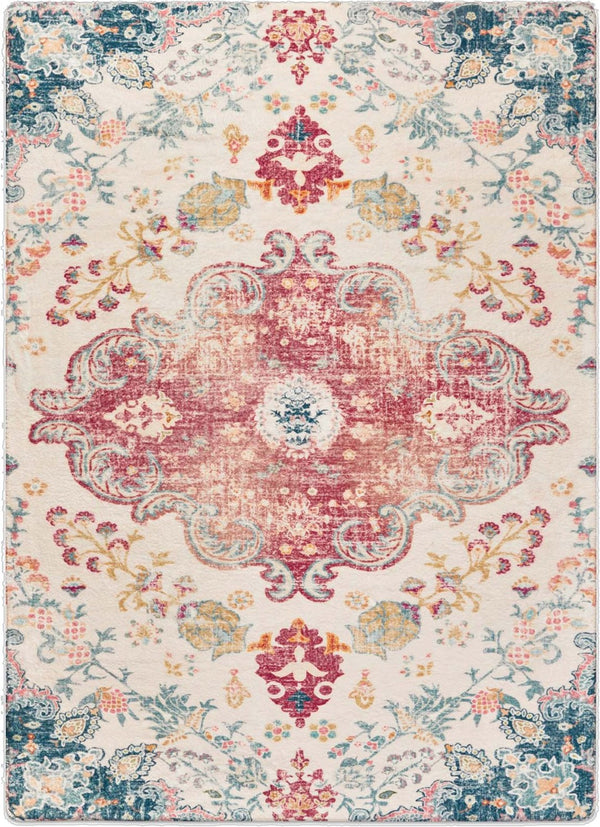 HomeRoots 6' Distressed Ivory Pink and Blue Medallion Area Rug - Washable, Stylish, and Ideal for High-Traffic Spaces 6' X 9' 711970