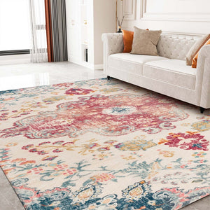 HomeRoots 6' Distressed Ivory Pink and Blue Medallion Area Rug - Washable, Stylish, and Ideal for High-Traffic Spaces 6' X 9' 711970