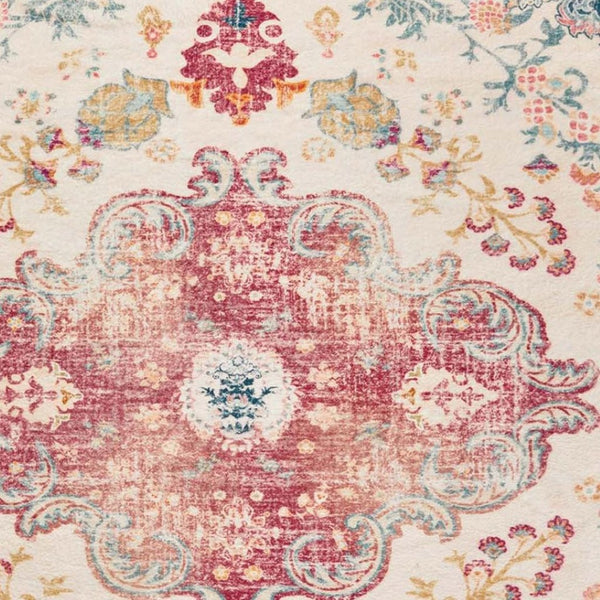 HomeRoots 6' Distressed Ivory Pink and Blue Medallion Area Rug - Washable, Stylish, and Ideal for High-Traffic Spaces 6' X 9' 711970