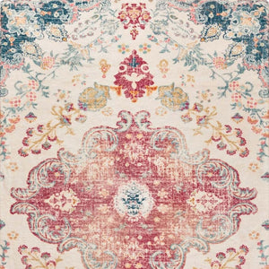 HomeRoots 6' Distressed Ivory Pink and Blue Medallion Area Rug - Washable, Stylish, and Ideal for High-Traffic Spaces 8' X 10' 711971