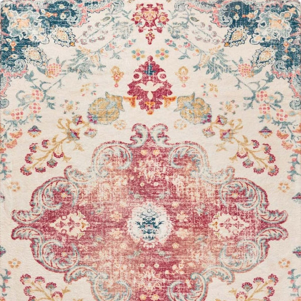 HomeRoots 6' Distressed Ivory Pink and Blue Medallion Area Rug - Washable, Stylish, and Ideal for High-Traffic Spaces 8' X 10' 711971