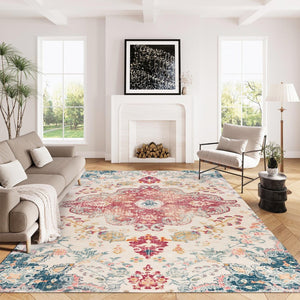 HomeRoots 6' Distressed Ivory Pink and Blue Medallion Area Rug - Washable, Stylish, and Ideal for High-Traffic Spaces 8' X 10' 711971