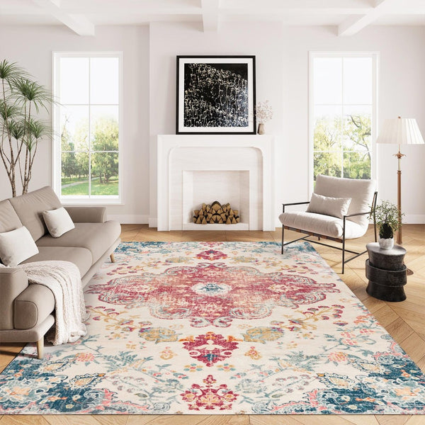 HomeRoots 6' Distressed Ivory Pink and Blue Medallion Area Rug - Washable, Stylish, and Ideal for High-Traffic Spaces 8' X 10' 711971