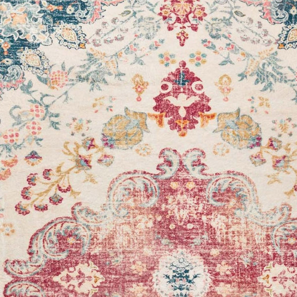 HomeRoots 6' Distressed Ivory Pink and Blue Medallion Area Rug - Washable, Stylish, and Ideal for High-Traffic Spaces 8' X 10' 711971