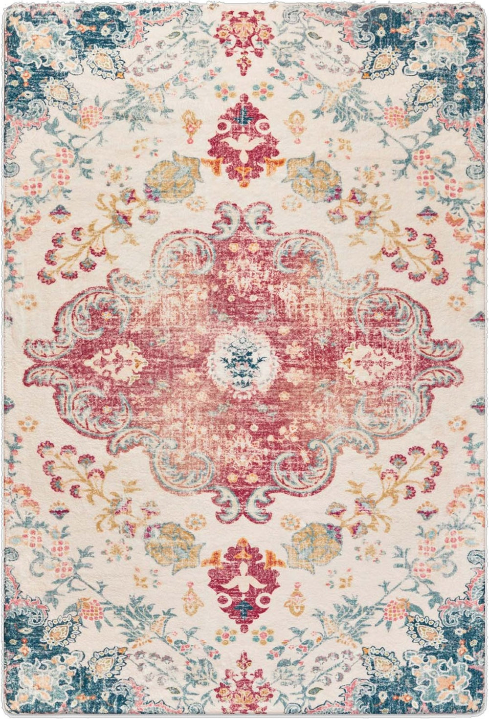 HomeRoots 6' Distressed Ivory Pink and Blue Medallion Area Rug - Washable, Stylish, and Ideal for High-Traffic Spaces 8' X 10' 711971