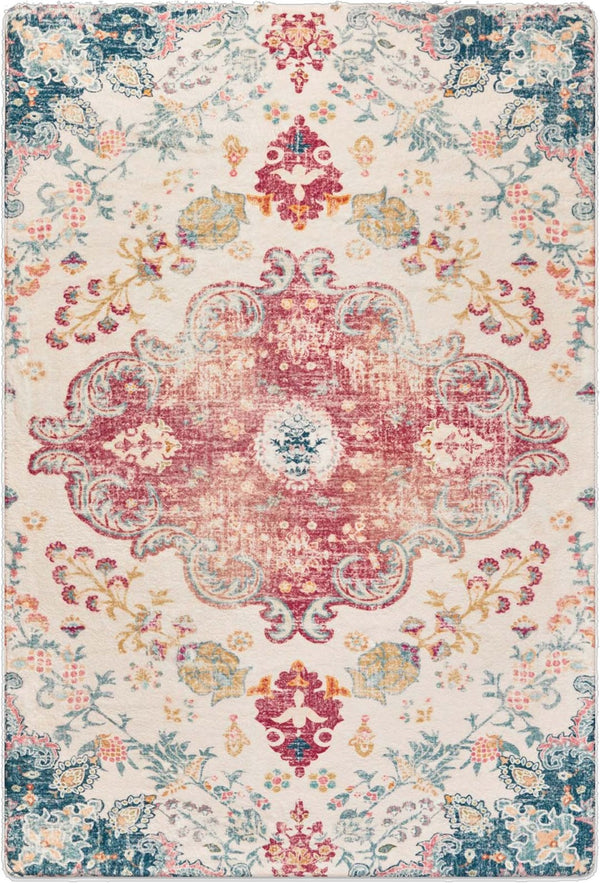 HomeRoots 6' Distressed Ivory Pink and Blue Medallion Area Rug - Washable, Stylish, and Ideal for High-Traffic Spaces 8' X 10' 711971