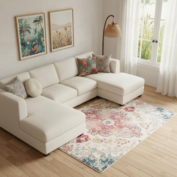 HomeRoots 6' Distressed Ivory Pink and Blue Medallion Area Rug - Washable, Stylish, and Ideal for High-Traffic Spaces 8' X 10' 711971