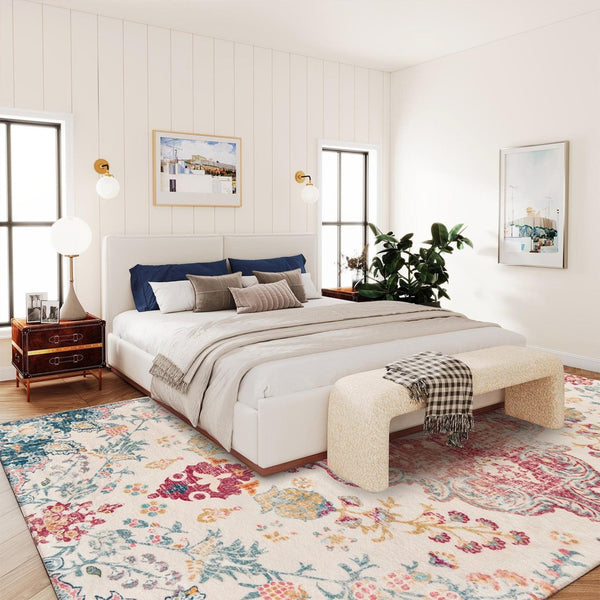 HomeRoots 6' Distressed Ivory Pink and Blue Medallion Area Rug - Washable, Stylish, and Ideal for High-Traffic Spaces 8' X 10' 711971