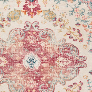 HomeRoots 6' Distressed Ivory Pink and Blue Medallion Area Rug - Washable, Stylish, and Ideal for High-Traffic Spaces 8' X 10' 711971