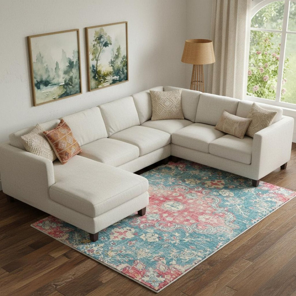 HomeRoots 6' Vintage-Inspired Ivory Pink Aqua Medallion Washable Area Rug for Timeless Elegance & Comfort 8' X 10' 711975