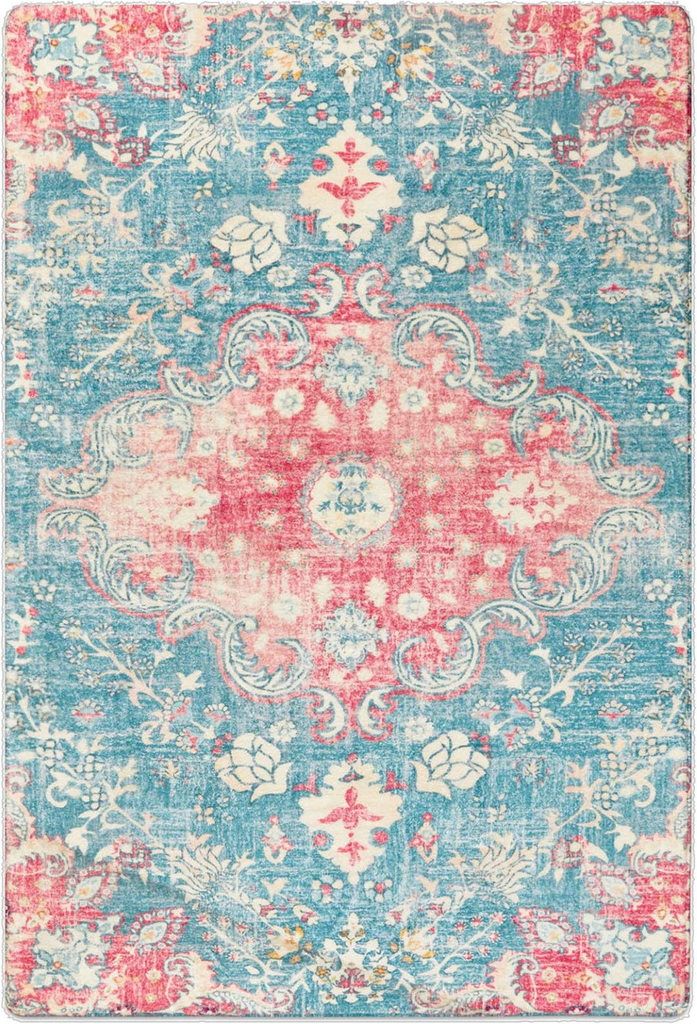 HomeRoots 6' Vintage-Inspired Ivory Pink Aqua Medallion Washable Area Rug for Timeless Elegance & Comfort 8' X 10' 711975