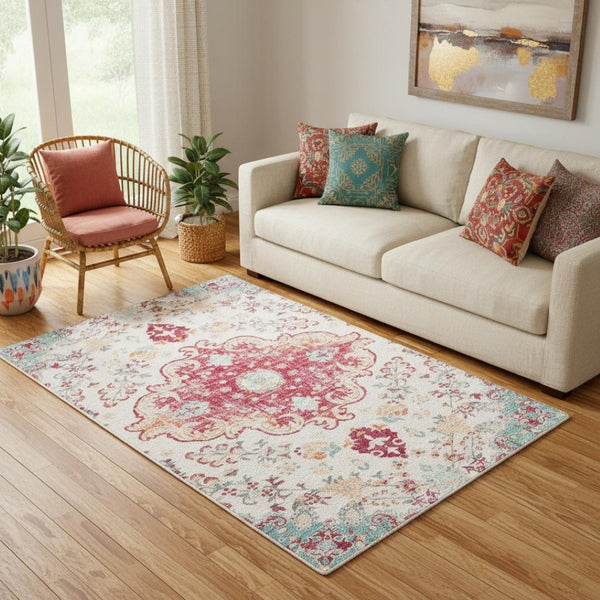HomeRoots 6' Soft Washable Medallion Area Rug in Blue, Pink & White - Durable, Stain-Resistant, Easy Care! 6' X 9' 711981