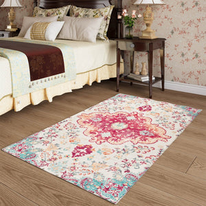 HomeRoots 6' Soft Washable Medallion Area Rug in Blue, Pink & White - Durable, Stain-Resistant, Easy Care! 6' X 9' 711981