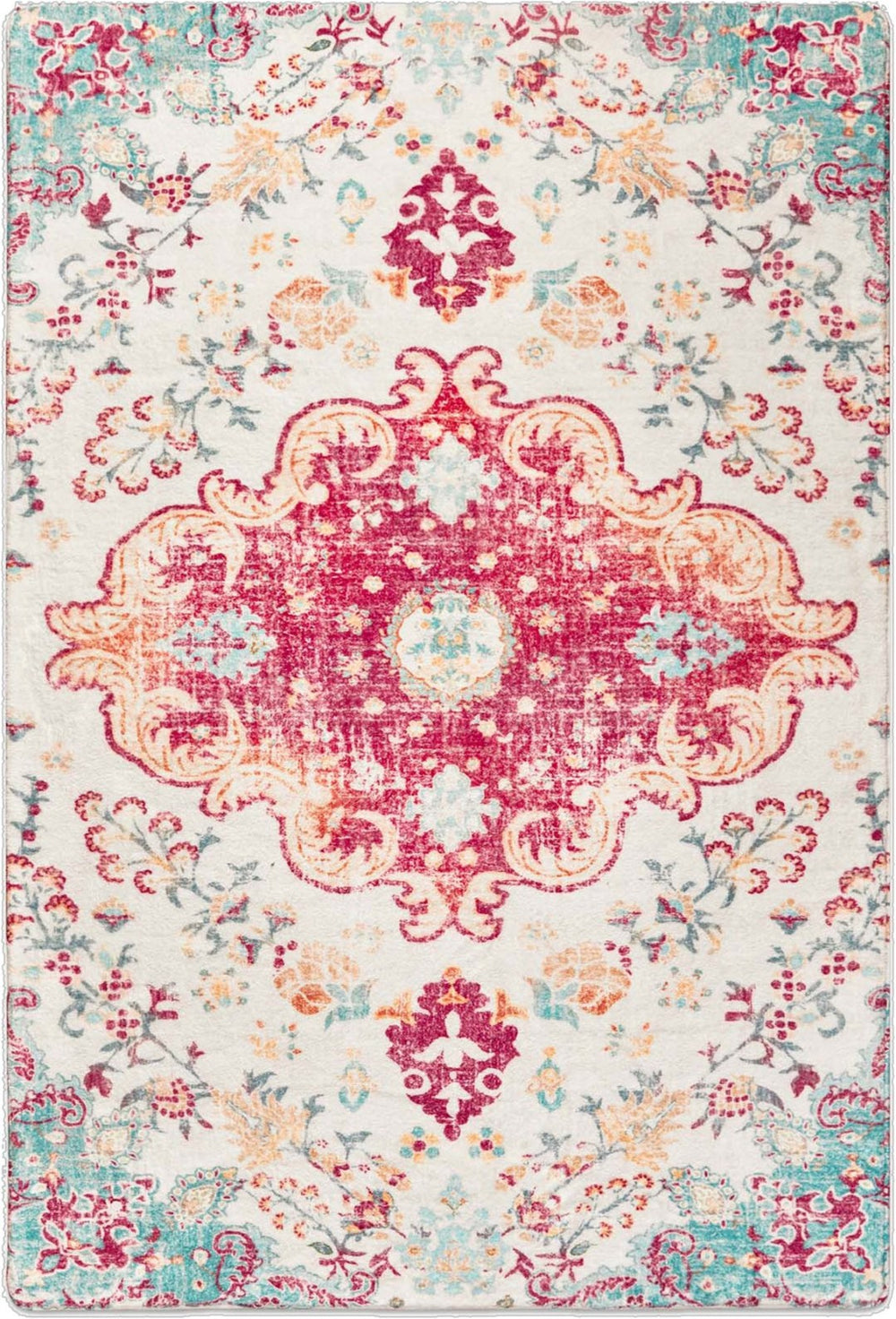 HomeRoots 6' Soft Washable Medallion Area Rug in Blue, Pink & White - Durable, Stain-Resistant, Easy Care! 6' X 9' 711981