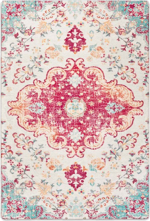 HomeRoots 6' Soft Washable Medallion Area Rug in Blue, Pink & White - Durable, Stain-Resistant, Easy Care! 6' X 9' 711981