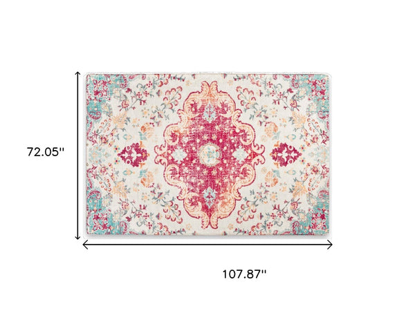 HomeRoots 6' Soft Washable Medallion Area Rug in Blue, Pink & White - Durable, Stain-Resistant, Easy Care! 8' X 10' 711982