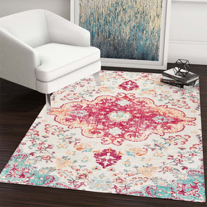 HomeRoots 6' Soft Washable Medallion Area Rug in Blue, Pink & White - Durable, Stain-Resistant, Easy Care! 8' X 10' 711982