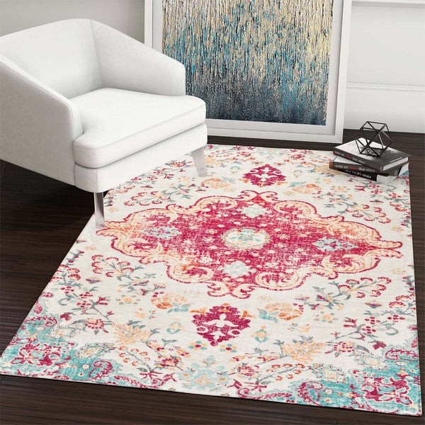 HomeRoots 6' Soft Washable Medallion Area Rug in Blue, Pink & White - Durable, Stain-Resistant, Easy Care! 8' X 10' 711982