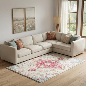 HomeRoots 6' Soft Washable Medallion Area Rug in Blue, Pink & White - Durable, Stain-Resistant, Easy Care! 8' X 10' 711982