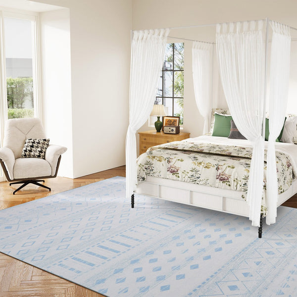 HomeRoots 6' Aqua and Ivory Geometric Area Rug - Stylish, Washable, Non-Slip, Durable for High-Traffic Spaces 6' X 9' 711993