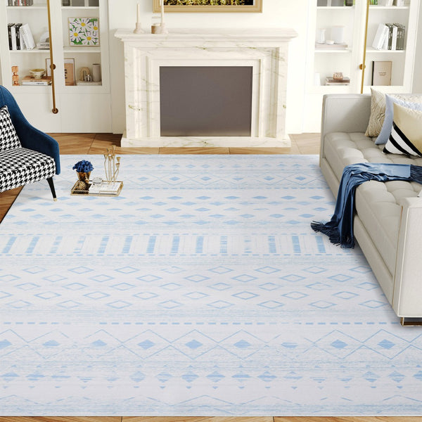 HomeRoots 6' Aqua and Ivory Geometric Area Rug - Stylish, Washable, Non-Slip, Durable for High-Traffic Spaces 6' X 9' 711993
