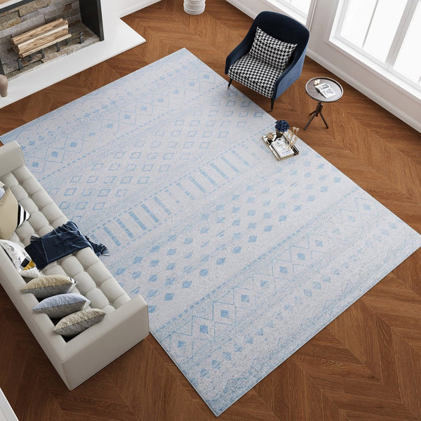 HomeRoots 6' Aqua and Ivory Geometric Area Rug - Stylish, Washable, Non-Slip, Durable for High-Traffic Spaces 6' X 9' 711993