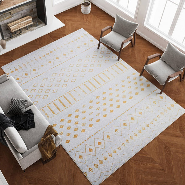 HomeRoots 6' Gold and White Abstract Geometric Washable Area Rug – Stylish, Durable, and Easy to Clean! 8' X 10' 712000