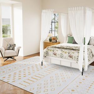 HomeRoots 6' Gold and White Abstract Geometric Washable Area Rug – Stylish, Durable, and Easy to Clean! 8' X 10' 712000