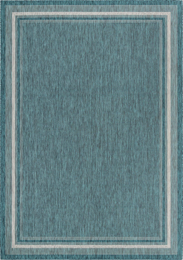 Unique Loom Outdoor Border Soft Border Machine Made Border Rug Teal, Ivory/Gray 10' 0" x 14' 1"