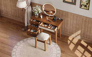 English Elm 39" Retro Bohemian Makeup Vanity Set with Rattan Drawers, USB Charging Port, Cushioned Stool, 4-Drawer Storage Walnut 44.1 L x 18.75 W x 10.5 H N733P180011D