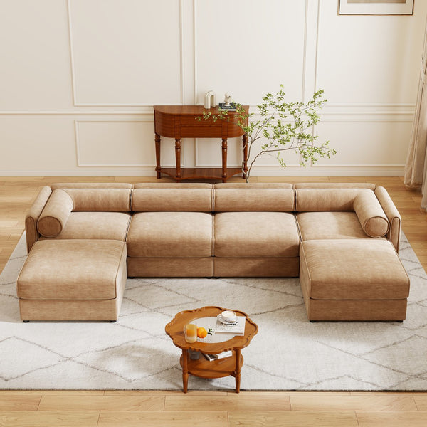 English Elm Modular U-Shaped Sectional Sofa With Storage Ottoman, Deep Seating & Ergonomic Support In Camel W714S01232