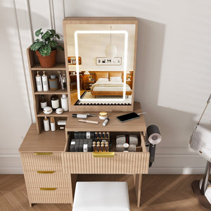 English Elm Modern Makeup Vanity Desk with Led Lighting Four Drawers Mirror and Built-in Power Outlet Walnut W509P465831