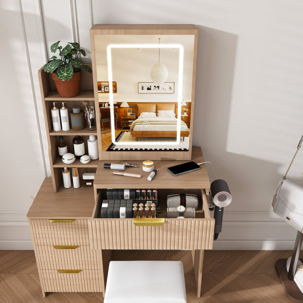 English Elm Modern Makeup Vanity Desk with Led Lighting Four Drawers Mirror and Built-in Power Outlet Walnut W509P465831
