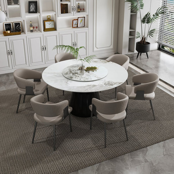 English Elm 59" Round 7-Piece Dining Set - Modern Faux Marble Table With Lazy Susan & 6 Pu Leather Chairs For Home W2700S00038