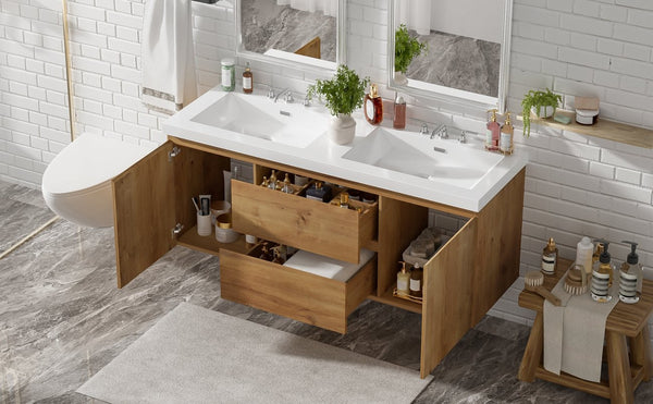 English Elm [video]59.3 Inch Wall Mounted Double Sink Vanity Wood Grain Mdf Soft Close Storage N729P000026N