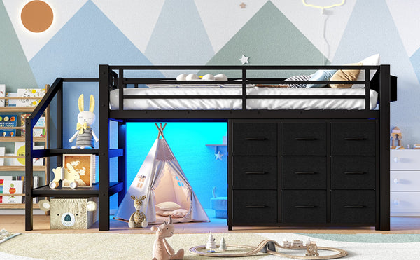 English Elm Twin Metal Low Loft Bed with Storage Stairs Fabric Drawers and Built-in Lights Black W5305S00045