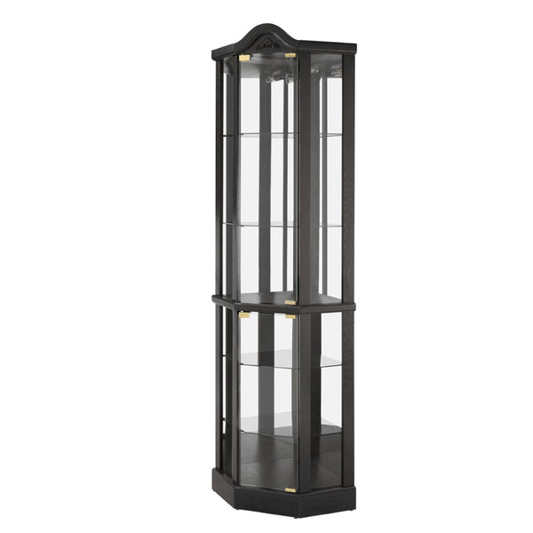 English Elm Glass Corner Curio Cabinet Lighted Dark Wood Display with Carved Crown Floral Detail W2275P292646